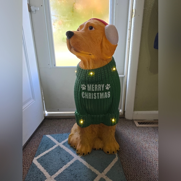 Home Depot 2024 Blow Mold LED 2.5’ Christmas Golden Retriever Dog Green Sweater - Picture 1 of 10